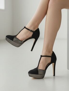 Vince Camuto Akido Leather Platform T-Strap Heels Gunmetal and Black Suede